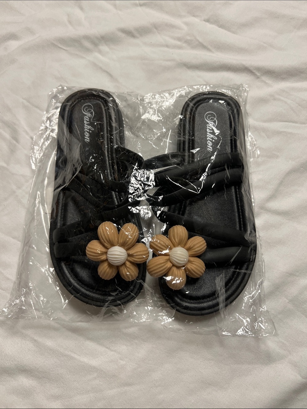 Black Slide Sandals with Tan Flower Accent